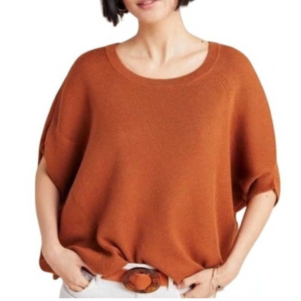 Anthropologie Vanessa Ribbed Knit Poncho Sweater Womens Medium Rust Honey Orange